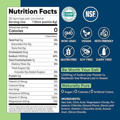 Venture Pal High Sodium Sugar-Free Electrolyte Powder Packets - Hydration Packets with Sodium, Potassium & Magnesium | Zero Calories | Vegan, Keto, and Paleo Friendly | 30 Sticks