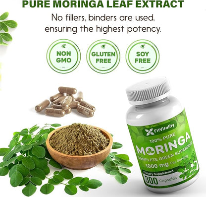 Moringa Capsules| 150 Capsules| Moringa Oleifera | Pure & Natural| Non-GMO and Gluten Free Supplement | Complete Green Superfood | Moringa Leaf Extract Powder