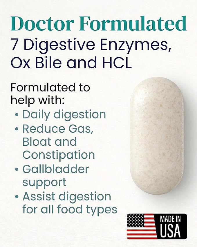 Digestive Enzymes Supplement with Ox Bile Salts 30mg - Betaine HCl 100mg - Supports Digestion, Gas & Bloating - Gallbladder Support (No Gallbladder) - Doctor Formulated - For Men & Women - 90 Tablet
