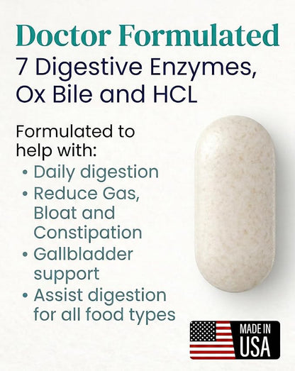 Digestive Enzymes Supplement with Ox Bile Salts 30mg - Betaine HCl 100mg - Supports Digestion, Gas & Bloating - Gallbladder Support (No Gallbladder) - Doctor Formulated - For Men & Women - 90 Tablet