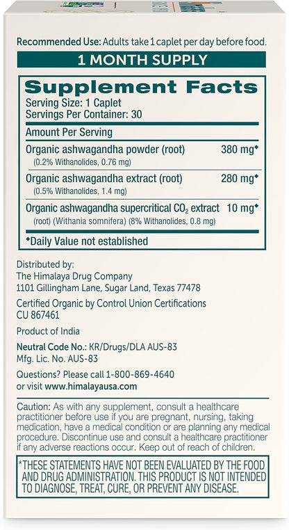 Himalaya Organic Ashwagandha Root, 30 Day Supply - Herbal Adrenal Support Supplements for Stress Relief and Energy Support - USDA Organic, Non-GMO, Vegan, Gluten Free, No Additives, 670 mg, 30 Caplets