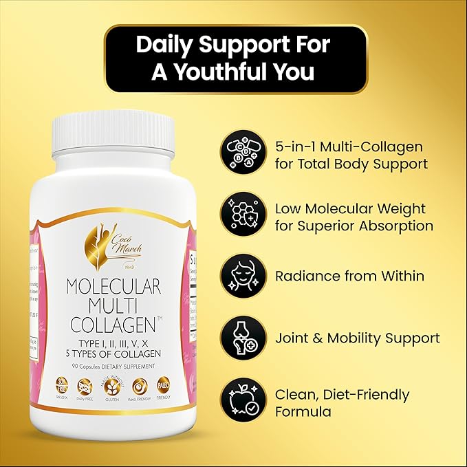 Cocó March N.M.D. Molecular Multi-Collagen - Types I, II, III, V & X – Hair, Skin, Nails & Joint Support for Women & Men – Low Molecular Weight Collagen, Gluten Free, Dairy Free, Soy Free, 90 Capsules
