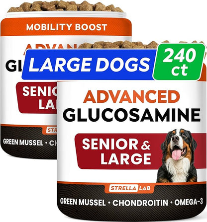 STRELLALAB Advanced Glucosamine Hip & Joint Supplement for Senior Dogs - Green Lipped Mussel & Collagen - Hip & Joint Pain Relief - Large & Small Breed - Joint Health - Bacon - 240 Chews