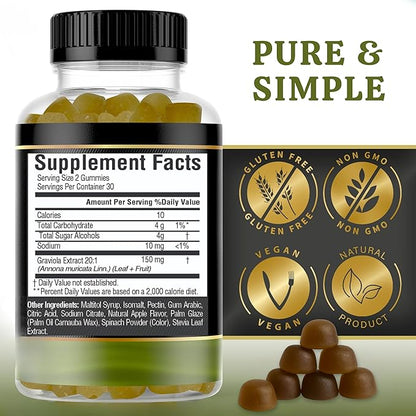 Soursop Leaves & Soursop Fruit Gummies - Sugar Free Soursop Graviola Gummies - 3000mg Soursop Extract - 3 Pack Graviola Supplement - Soursop Fruit and Leaf - 60ct - Non-GMO – Vegan Friendly