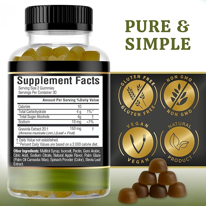 Soursop Leaves & Soursop Fruit Gummies - Sugar Free Soursop Graviola Gimmies - 3000mg Max Strenght Soursop Extract - Graviola Supplement - Soursop Fruit and Leaf - 60ct - Non-GMO – Vegan Friendly