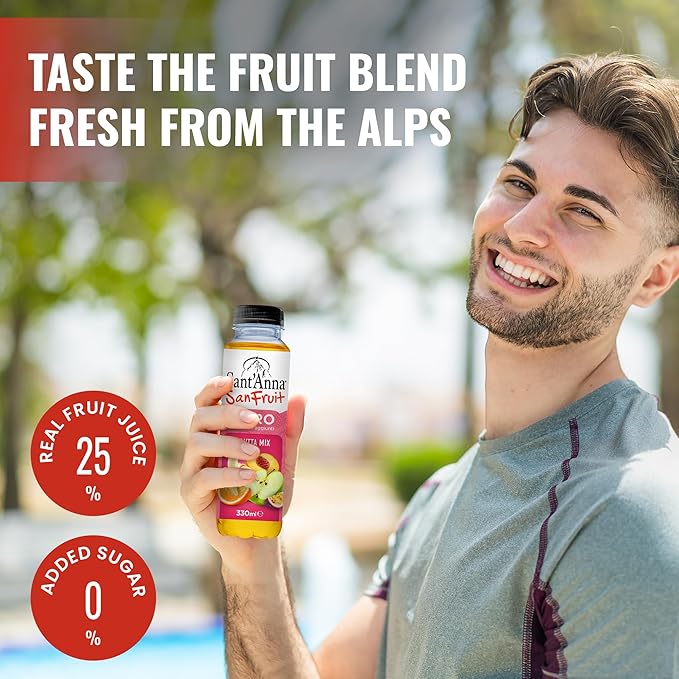 Sant’Anna SanFruit Mixed Fruit Drink 11.15 Fl Oz (12-Pack) | Italian Beverage with Real Juice (Apple, Peach, Orange, Passion Fruit, Banana) | Made with Natural Mineral Water from the Italian Alps | No Added Sugar, No Preservatives