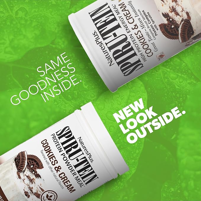 NaturesPlus SPIRU-TEIN, Cookies & Cream - 1.15 lbs - Plant-Based Protein Shake - Non-GMO, Vegetarian, Gluten Free - 15 Servings