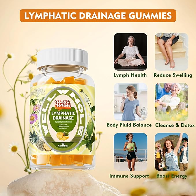 Well&Whole Lymphatic Drainage Gummies, Lymphatic Drainage Supplements with Echinacea, Dandelion, Burdock, Lymph System Support, Lymph Detox Cleanse & Immune Support, Pineapple, Vagan, 60 Gummies