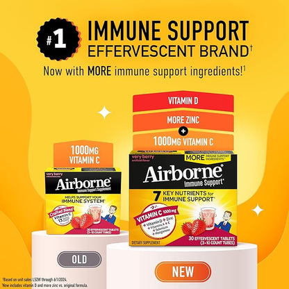 Airborne 1000mg Vitamin C with Vitamin D & Zinc, Sugar Free Multivitamin Immune Support Supplement, Antioxidants Vitamins A C & E, Very Berry Flavor, 30 Tablets (Pack of 2)