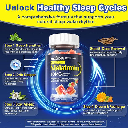 Nextdia Sugar Free Melatonin Gummies 10mg 20mg Magnesium Glycinate Melatonin for Adults, Ashwagandha, L-Theanine, B6, B12, Lemon Balm and Chamomile for Deep Relaxation, Antioxidant, Vegan, 60 Day