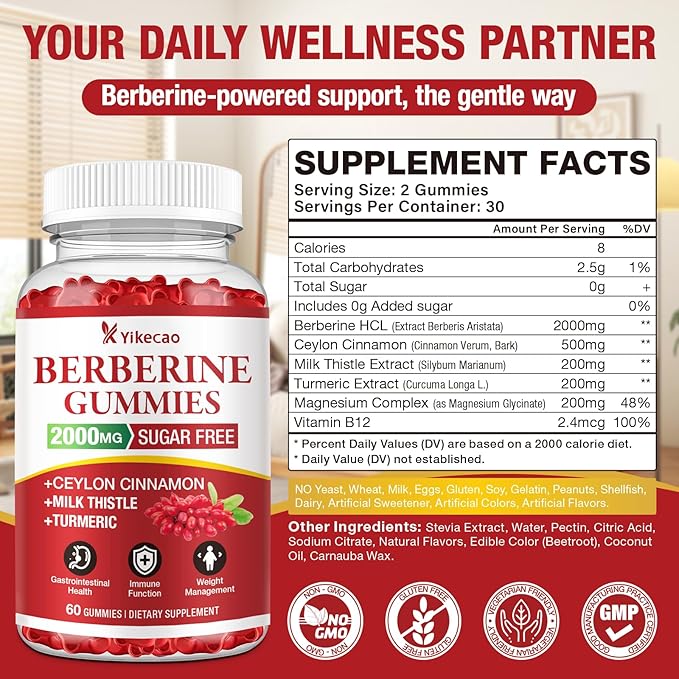 2000mg Berberine Gummies with Ceylon Cinnamon, Organic Berberine HCL Supplement for Women & Men, Sugar Free, Vegan, Non-GMO, Gluten-Free, Raspberry Flavor-60 Count