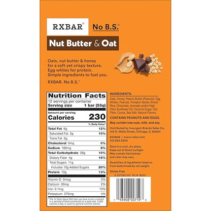 RXBAR Nut Butter and Oat Protein Bars, Protein Snacks, Snack Bars, Dark Chocolate Peanut Butter, 23.2oz Box (12 Count)