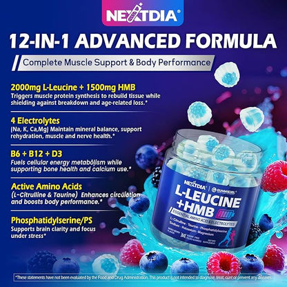 Hmb and L-Leucine Gummies, Pre Work Essential Amino Acids EAA Supplements for Men & Women, w/Branched-Chain Amino (BCAA) & 4 Hydration Electrolytes, Taurine, B12 & D3 for Fast Workout Recovery, 60Cts