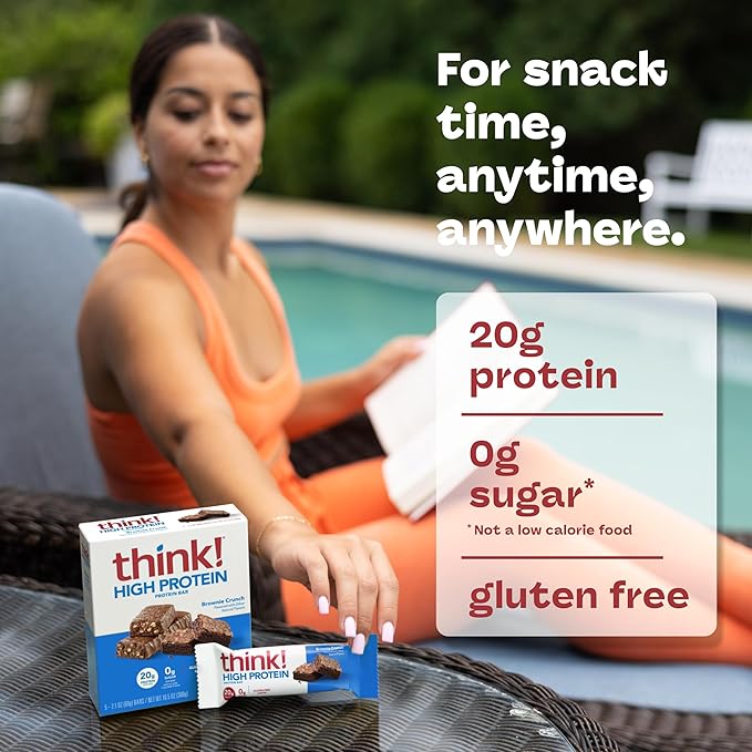 think! Protein Bars, High Protein Snacks, Gluten Free, Kosher Friendly, Brownie Crunch, Nutrition Bars, 2.1 Oz per Bar, 30 Count (Packaging May Vary)
