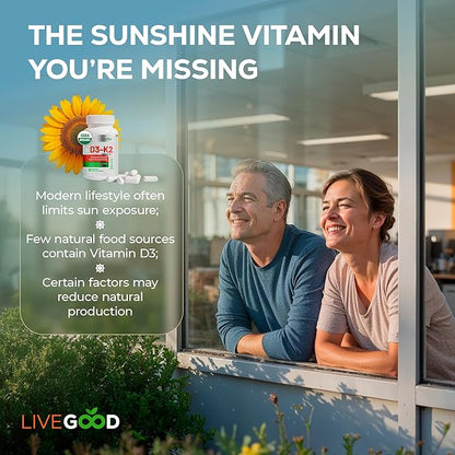 LIVEGOOD Organic D3 K2 Supplement 2000 IU, Vegan Capsules with MK-7, Pure Vitamin D3 with K2 for Immune, and Bone Support Made in the USA Organic D3 K2 Formula (60 Count)