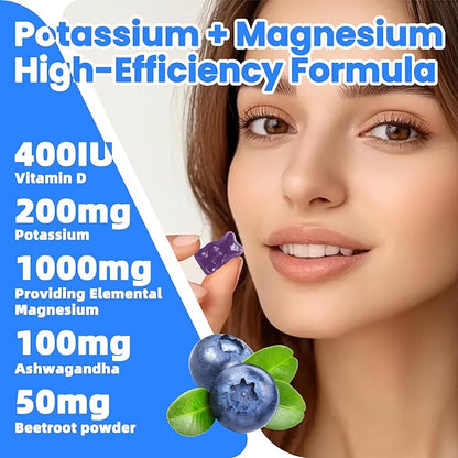 Potassium Magnesium Gummies,Potassium Supplement w/Ashwagandha,High Absorption Magnesium Glycinate,B6,D3,Potassium Citrate for Leg Cramps,Muscle,Electroyte for Adults Kids,Sugar-Free, 120 Gummies