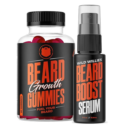 Wild Willies Beard Growth Dual Threat: Serum & Gummies for Men - Biotin, Caffeine & Essential Growth Oil for Fuller, Thicker Facial Hair