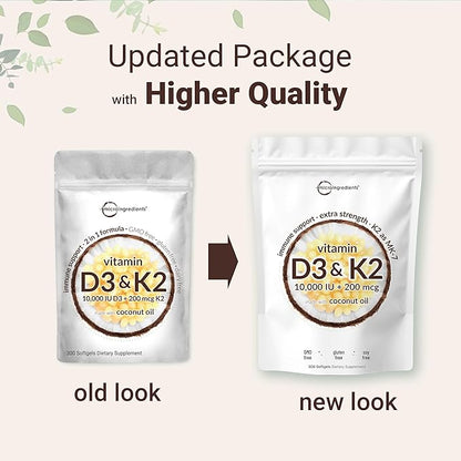 Micro Ingredients Vitamin D3 10,000 IU + K2 MK-7 200 mcg, 600 Softgels with Virgin Coconut Oil (2 Pack) | 2-in-1 Vitamins D & K Complex | Extra Strength, Easy to Swallow, Non-GMO, Gluten Free