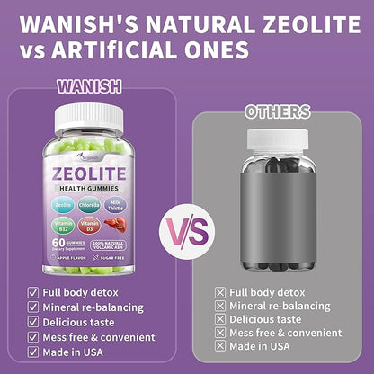 Wanish (2 Packs) Zeolite Gummies for Adults - Zeolite Clinoptilolite, Chlorella, Milk Thistle & Vitamins- Supports Immune Health, Gut and Liver, Vegan, Non-GMO, Sugar Free, Apple Flavor, 120 Count