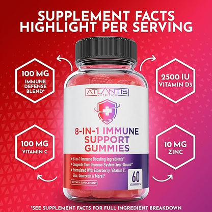 Atlantis Nutrition 8-in-1 Immune Support Gummies with Elderberry | Immune Supplement with Elderberry, Quercetin, Zinc, Vitamin C - Immunity Boosters for Adults & Kids - Delicious Flavor - 60 Count