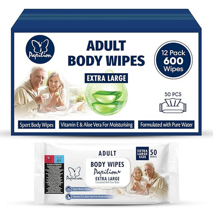 PAPILION Adult Body Cleaning Wipes, Extra Large Washcloths with Aloe Vera & Vitamin E, No-Rinse Cleansing for Senior Care, Bed Bath, Travel, Incontinence Care, Flip-Top Pack, 50 PCS x 12 Pack