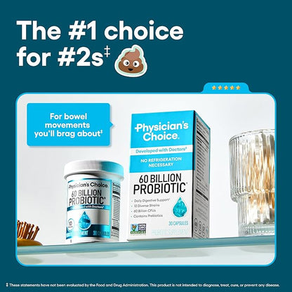 Physician's CHOICE Probiotics 60 Billion CFU - 10 Strains + Organic Prebiotics - Immune, Digestive & Gut Health - Supports Occasional Constipation, Diarrhea, Gas & Bloating - for Women & Men - 30ct