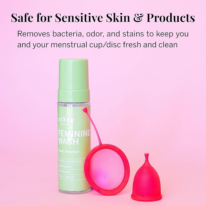 Pixie Feminine Wash – Healthy Foaming Cleaner with Natural Ingredients – More Foam Wash in Bottle Than Any Other Brand – pH Balanced & Plant Based – for Your Menstrual Cups and Discs, 6.5 Fluid oz
