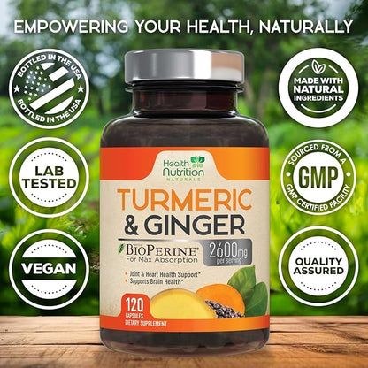 Turmeric Curcumin Supplement - 2200mg Curcumin Complex & 400mg Organic Ginger per Serving - 95% Curcuminoids & BioPerine Black Pepper for Best Absorption & Joint Support, Bottled in USA - 120 Capsules
