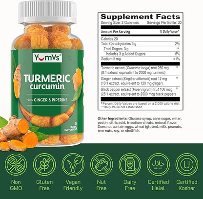 Curcumin Turmeric Gummies – Extra Strength 2000mg 8:1 Extract Turmeric Supplement Gummies with Black Pepper & Ginger – Vegan Non-GMO Joint Support Chewables – Peach Flavor, 60 Count