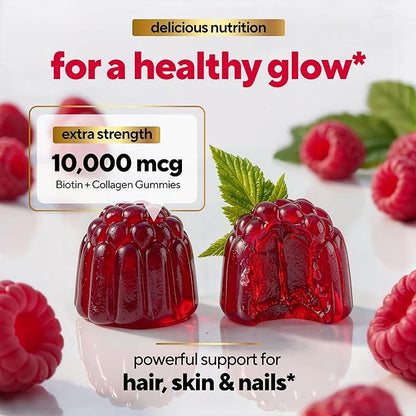 Biotin Gummies 10000mcg for Women and Men - Extra Strength Hair, Skin and Nails Gummies with Collagen - Natural Biotin Gummy Supplement for Hair, Skin, Nails Support - 60 ct
