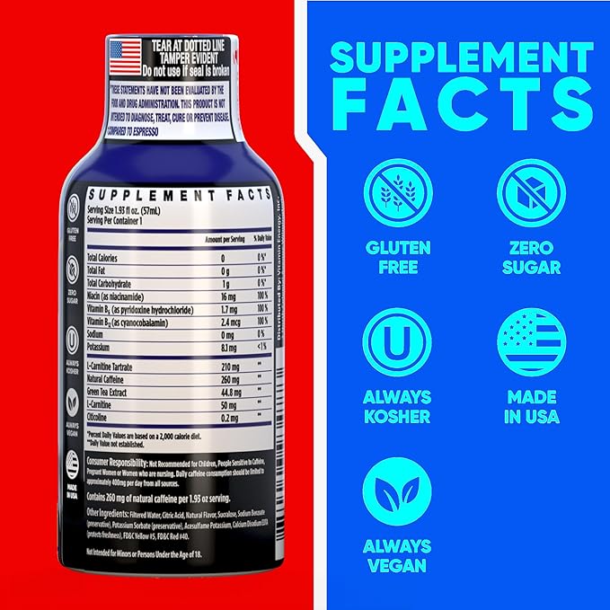 Vitamin Energy Immune+ Extra Strength Energy Shot Blue Raspberry 10 Pack, 260mg Natural Caffeine, B-Vitamins, Citicoline, Green Tea, Immunity & Focus Support, Zero Sugar, Gluten-Free 1.93 fl oz