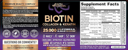 NUTRAHARMONY Biotin | Collagen | Hyaluronic Acid | Keratin - Support Normal Hair Growth Cycle - Skin & Nails - 25000mcg Vitamins B1, B2, B3, B6 & B7 - for Women & Men - Made in USA | 60 Capsules