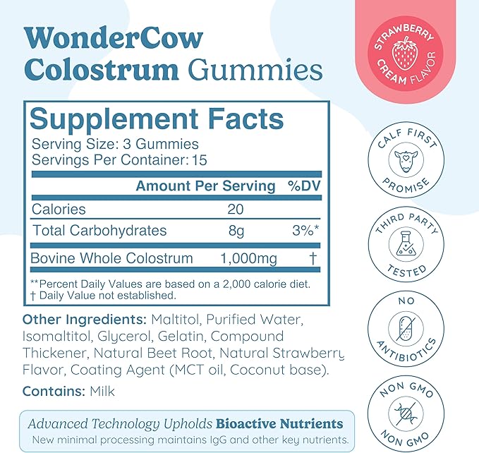 WONDERCOW Colostrum Gummies for Gut Health, Immune Support & Wellness | Natural IgG Whole Bovine Colostrum Supplement, 1,000mg per Serving (45 Gummies (15 Servings), Strawberry Cream)