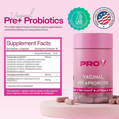 Pro-V Women’s Probiotic with Prebiotics & Cranberry - 4-in-1 Synbiotic for Vaginal Health, pH Balance, Odor & Urinary Tract Support - Daily Feminine Microbiome Supplement - 30 CT