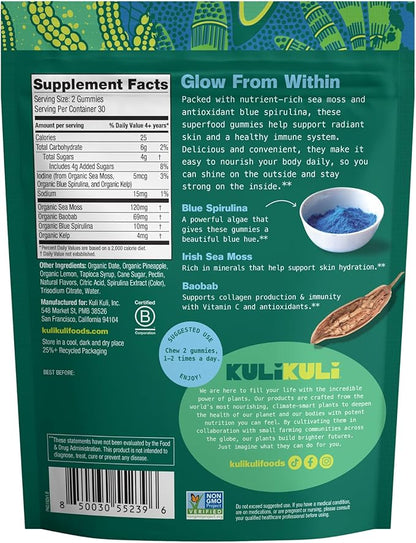 Kuli Kuli Sea Moss & Blue Spirulina Superfood Gummies - Pineapple Colada Flavor, 60 Count - Plant-Based Irish Sea Moss with Baobab & Vitamin C for Skin Glow, Immune Support & Collagen (1 Month Supply)