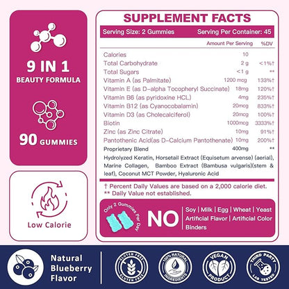 ZEBORA Hair Growth Vitamins with Biotin, Keratin & Collagen - Biotin Gummies with Beauty Support Blend for Hair, Skin & Nails - Vegan Hair Vitamins for Women & Men - 90 Blueberry Gummies, Non-GMO