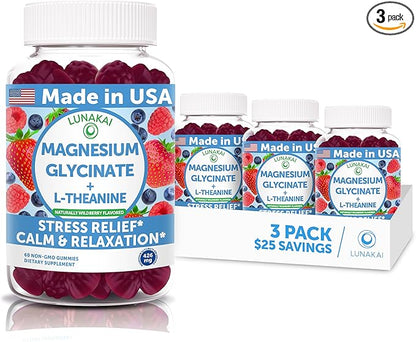 Lunakai USA Made Magnesium Glycinate Gummies 426mg with L-Theanine – Calm, Sleep, Stress Relief for Adults & Kids, Non-GMO, Vegan - 3 Pack