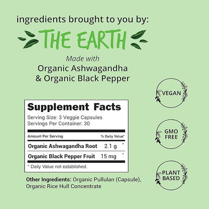 Organic Ashwagandha Capsules 2100mg – Stress Relief Supplement – Extra Strength, 100% Herbal, Energy, Mood & Cortisol Manager, Includes Black Pepper for High Absorption – Non-GMO, 90 Ct