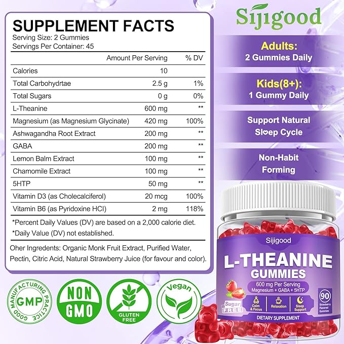 90 Count | L-Theanine Gummies for Kids & Adults - L Theanine Supplements with Ashwagandha, GABA & 5HTP - Support Natural Relaxation, Calm, Deep Zzz & Stress Relief, Strawberry Flavor