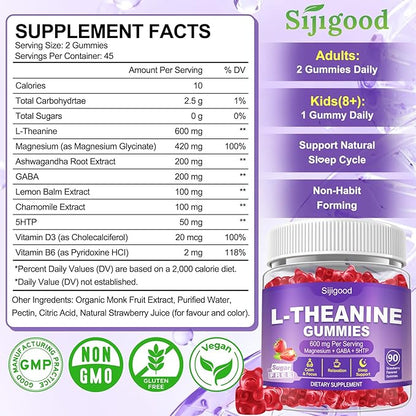 90 Count | L-Theanine Gummies for Kids & Adults - L Theanine Supplements with Ashwagandha, GABA & 5HTP - Support Natural Relaxation, Calm, Deep Zzz & Stress Relief, Strawberry Flavor