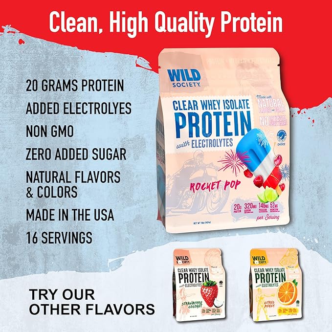 WILD SOCIETY - Clear Protein Powder + Electrolytes - 20g Clear Whey Protein Isolate Drink - Zero Sugar - 0g Lactose - Natural Flavors & Colors - Muscle Post Workout Recovery - Rocket Pop, 16 oz