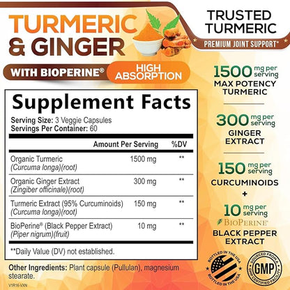 Turmeric Curcumin Supplement - 95% Curcuminoids with Organic Turmeric & Ginger, BioPerine Black Pepper Extract for Best Absorption, Natural Vegan Joint Support, Non-GMO, Bottled in USA - 180 Capsules