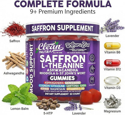 AuraZen Mood Support Saffron Gummies L-Theanine Ashwagandha Rhodiola St John's Wort Lions Mane GABA Vitamin D Magnesium Supplement | Calm Vegan Plant-Based Herbal Gummy By Clean Nutra