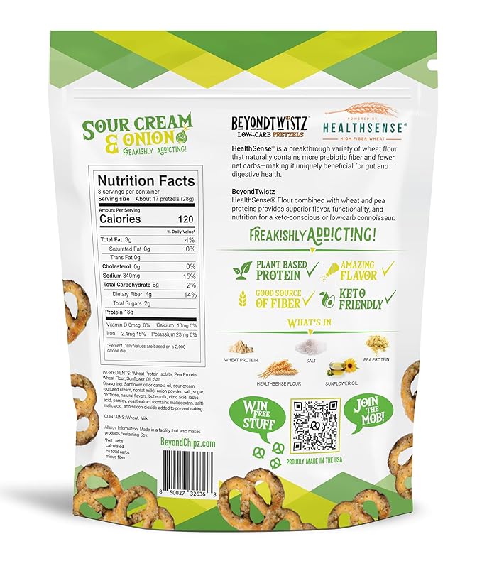 BeyondTwistz Low Carb Pretzels, Starter Pack, Keto Friendly, 2g Net Carbs, 18g Protein, Powered By HealthSense® High Fiber Wheat Flour, Family Size 8oz Bag, Pack of 4