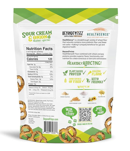 BeyondTwistz Low Carb Pretzels, Sour Cream and Onion, Keto Friendly, 2g Net Carbs, 18g Protein, Powered By HealthSense® High Fiber Wheat Flour, Family Size 8oz Bag, Pack of 3
