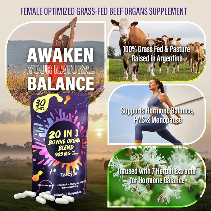 20-In-1 Beef Organ Supplement for Women, 925MG Grass Fed Beef Liver, Uterus, Ovary & 3 more with Maca, DIM, Black Cohosh, Vitamin & Mineral, Bovine organ Capsules for Hormone Balance, Energy, 30 Days