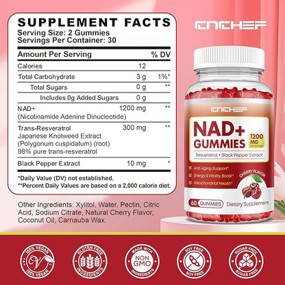 NAD+ Gummies, 1200mg Liposomal NAD Supplement for Women & Men with Trans-Resveratrol & Black Pepper Extract Anti-Aging Supplement, Brain & Cellular Mitochondrial Health - 60 Gummies Cherry
