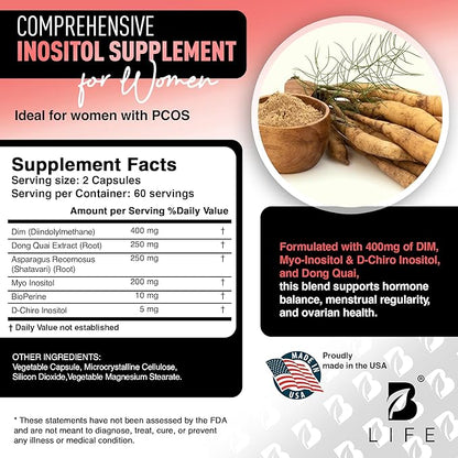 DIM Supplement 400 mg with Myo & D-Chiro Inositol, Dong Quai – Hormone Balance for Women – Fertility Supplements – Inositol Supplement - 120 Caps