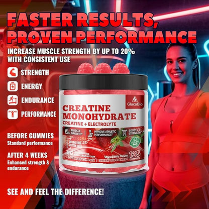Creatine Monohydrate Gummies (5g) – Pre-Workout Energy & Muscle Growth Support for Men & Women | Strawberry Electrolyte Gummies (135 Count)