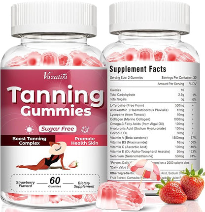 Sugar Free Tanning Gummies for Women, Supports Radiant Tan & Healthy Skin, Extra Strength with Astaxanthin Lycopene Beta Carotene and Vitamins - Supports Faster Tanning, Strawberry Flavored, 60 Count